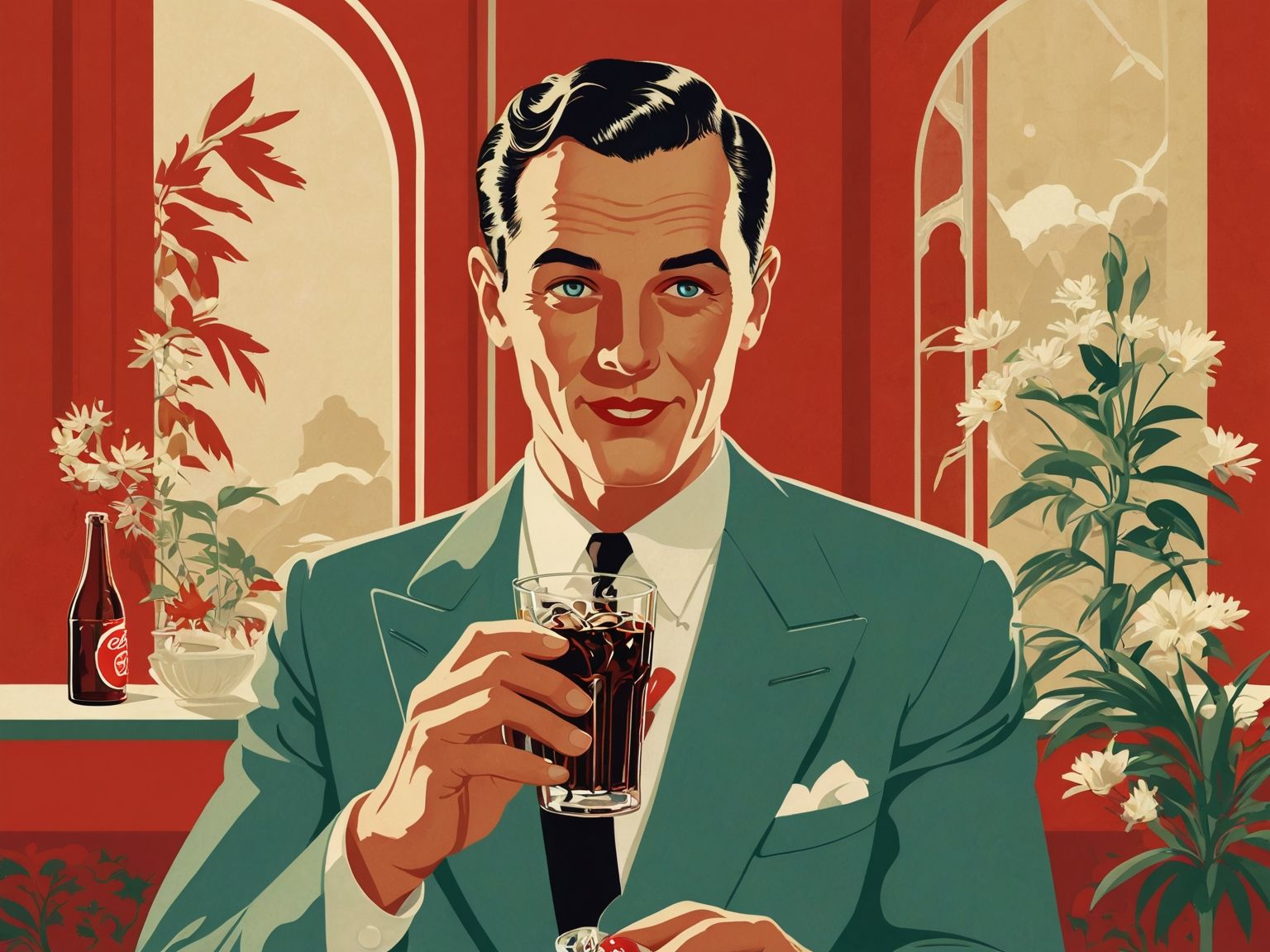Um homem de terno está bebendo um copo de coca cola