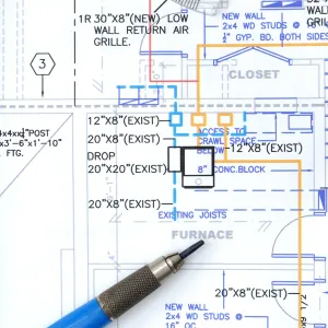Happy Heating and Cooling LLC - A blue pen is laying on top of a drawing of a furnace