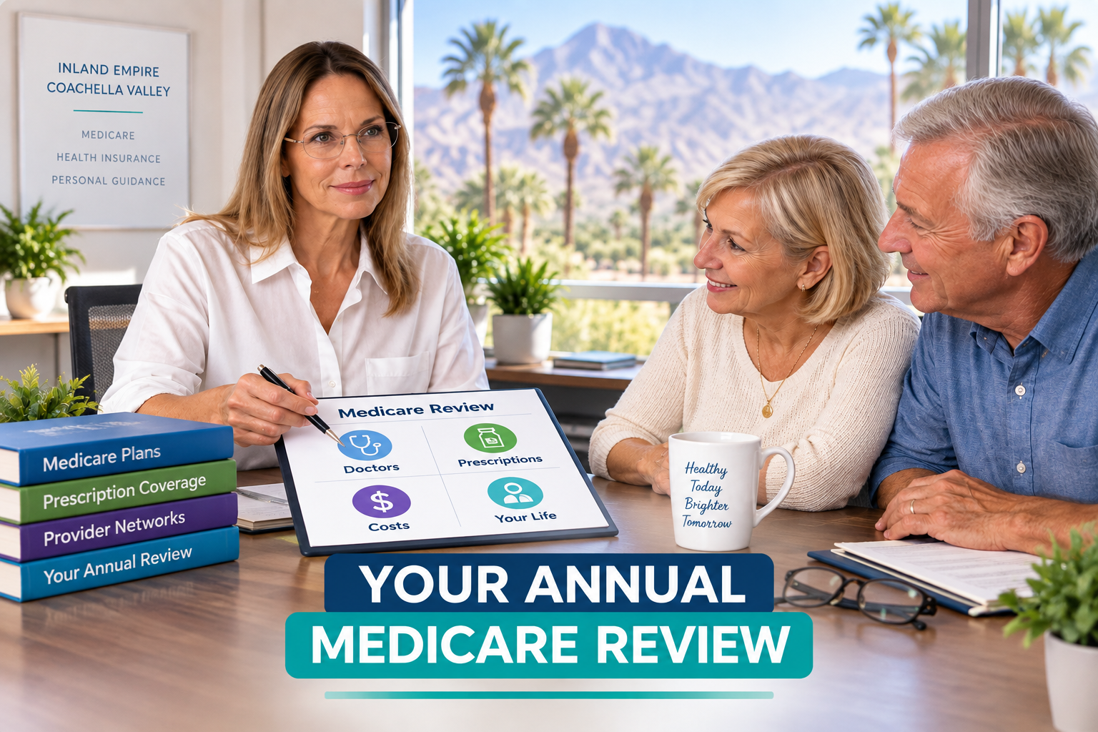 Charise Karjala reviewing Medicare coverage with a senior couple using a four-point checklist for do