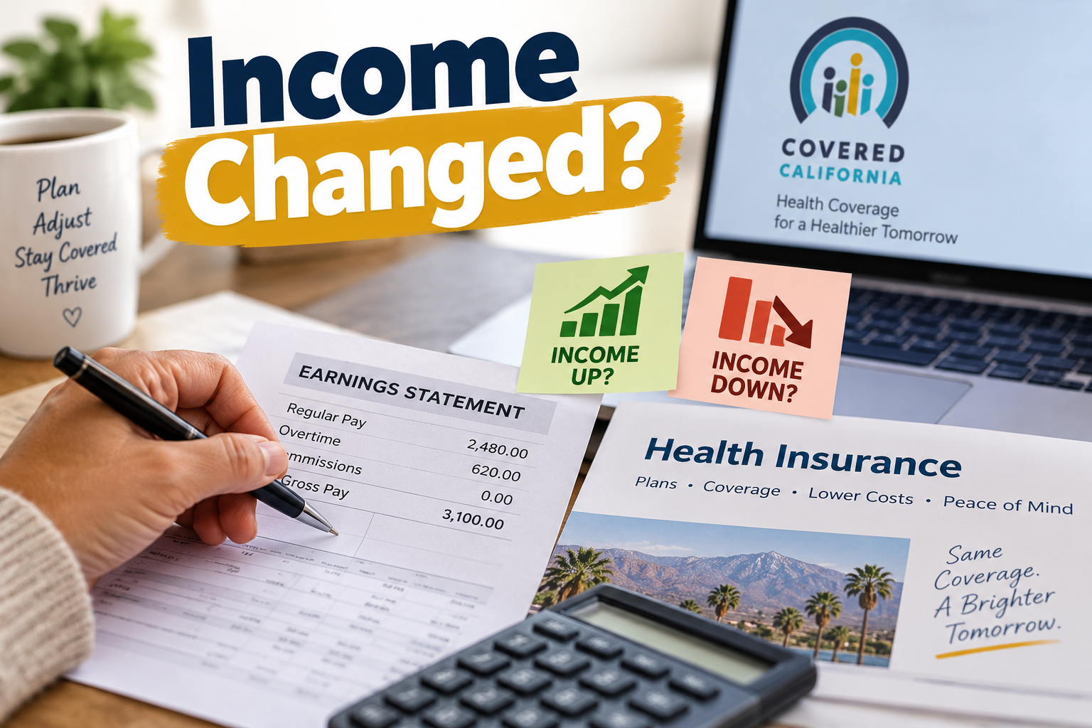 Person reviewing an earnings statement and health insurance costs, illustrating how income changes c