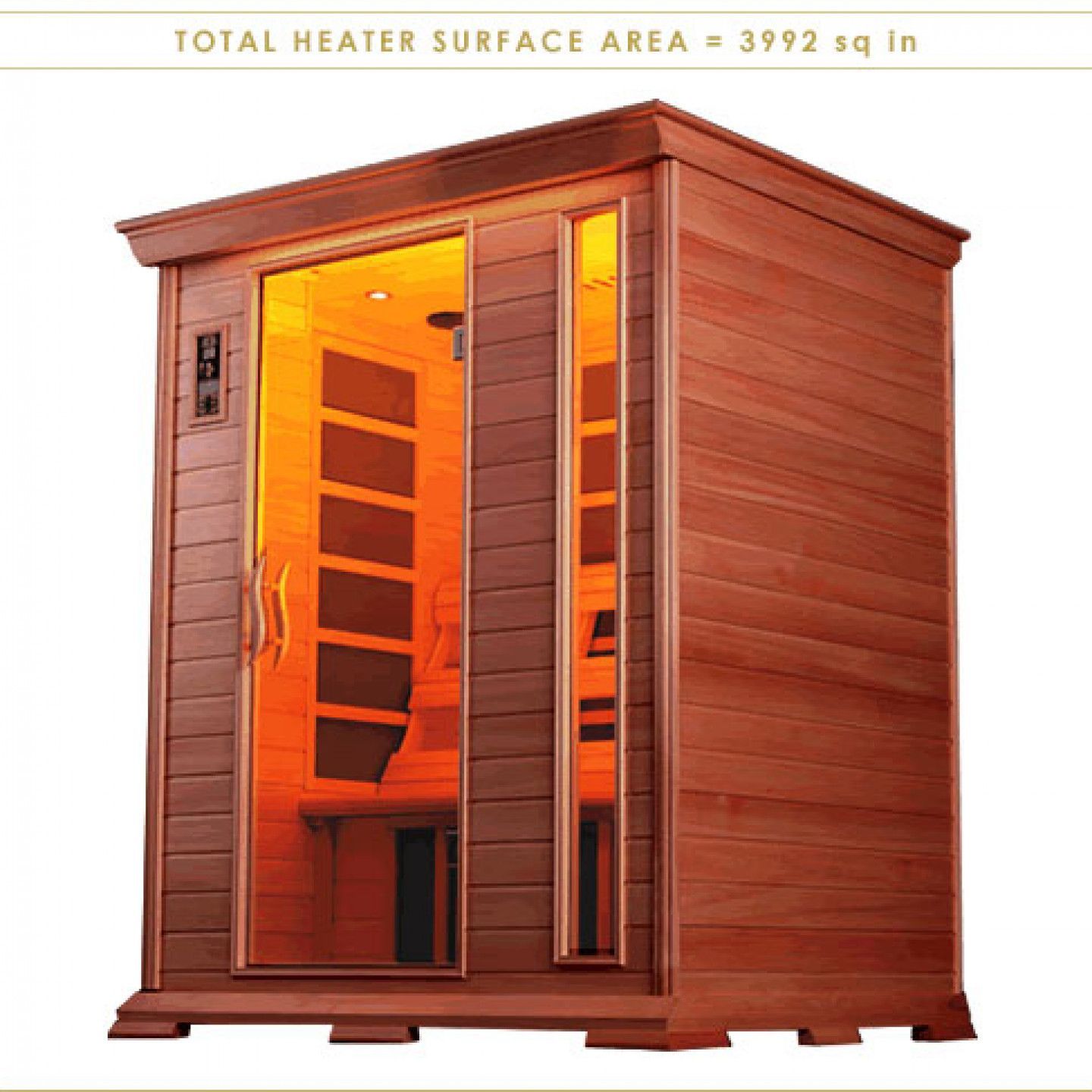Wooden infrared sauna with orange-lit interior and glass door, shown in a product photo