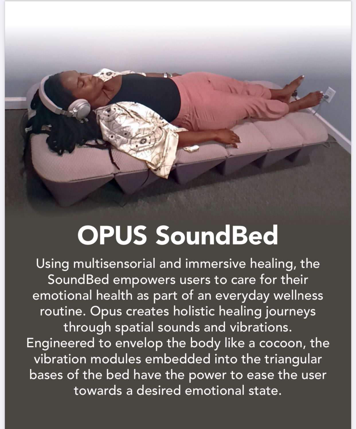 Person lying on OPUS SoundBed with a cocoon-like vibration setup, showing a wellness device advertisement