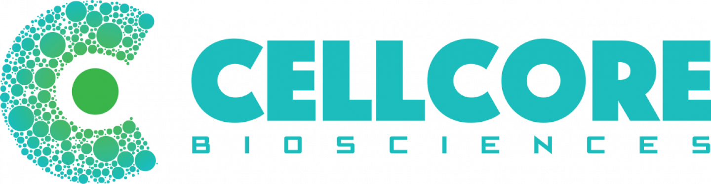 CellCore Biosciences logo with teal text and a green circular “C” made of dots