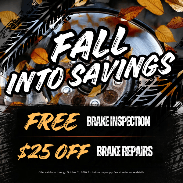 Fall savings promo for free brake inspection and $25 off brake repairs, with autumn leaves and brake rotor.