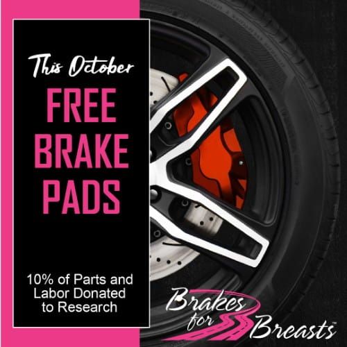 Pink and black ad offering free brake pads in October with 10% donated to breast cancer research.