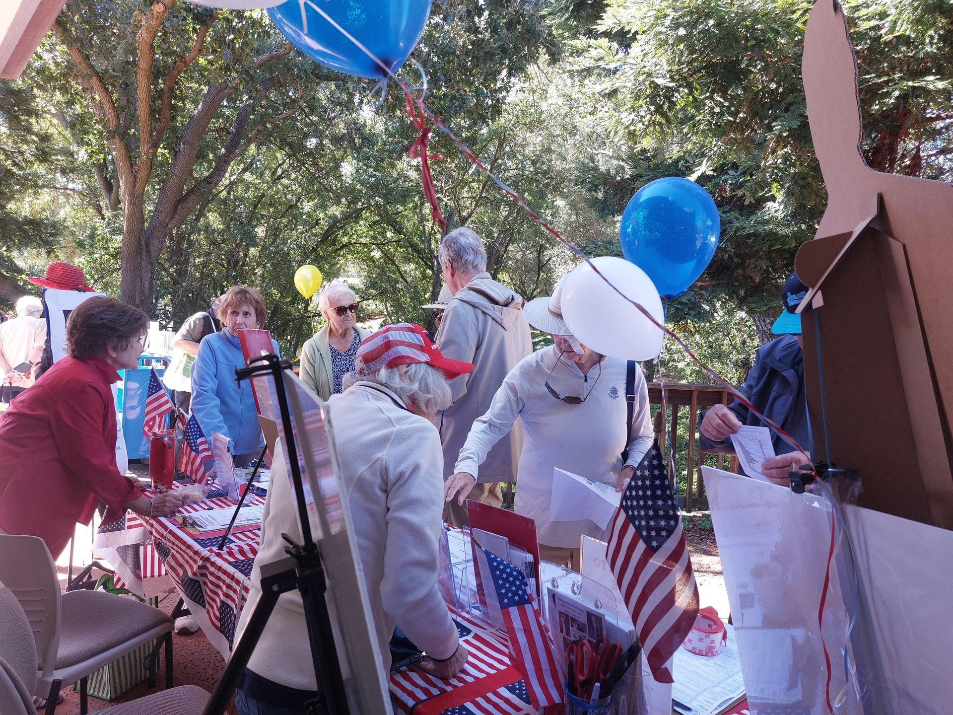 People gathered outdoors among balloons and small American flags during a festive event