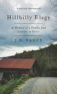 Book cover of Hillbilly Elegy by J.D. Vance, showing a rural road and a red-roofed barn under a cloudy sky