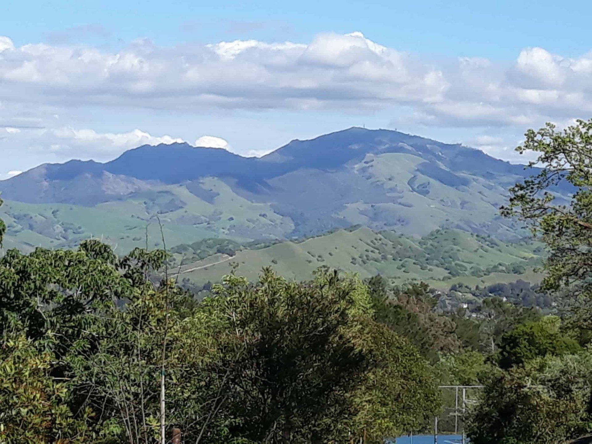 Green mountain landscape under a cloudy blue sky, with trees in the foreground.