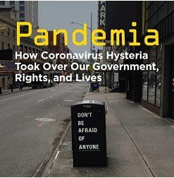 Book cover reading “Pandemia” over an empty city street with a sign saying “DON’T BE AFRAID OF ANYONE”
