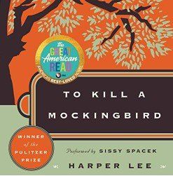 Book cover of To Kill a Mockingbird, orange and black with a tree silhouette and award seals