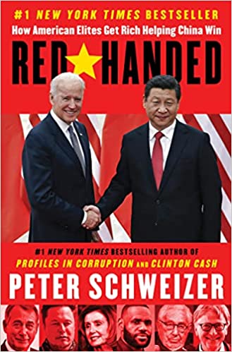 Book cover for Red Handed by Peter Schweizer, showing Biden and Xi Jinping shaking hands on a red background