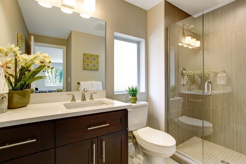 Bathroom with glass shower, and small plants as decor — New Homes in Wamberal, NSW