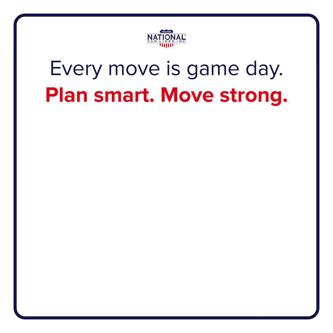 White card with blue border and text: “Every move is game day. Plan smart. Move strong.”