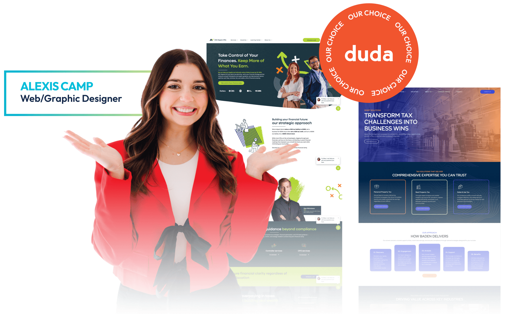 Web design portfolio collage with smiling woman in red blazer and Duda logo, showing website mockups