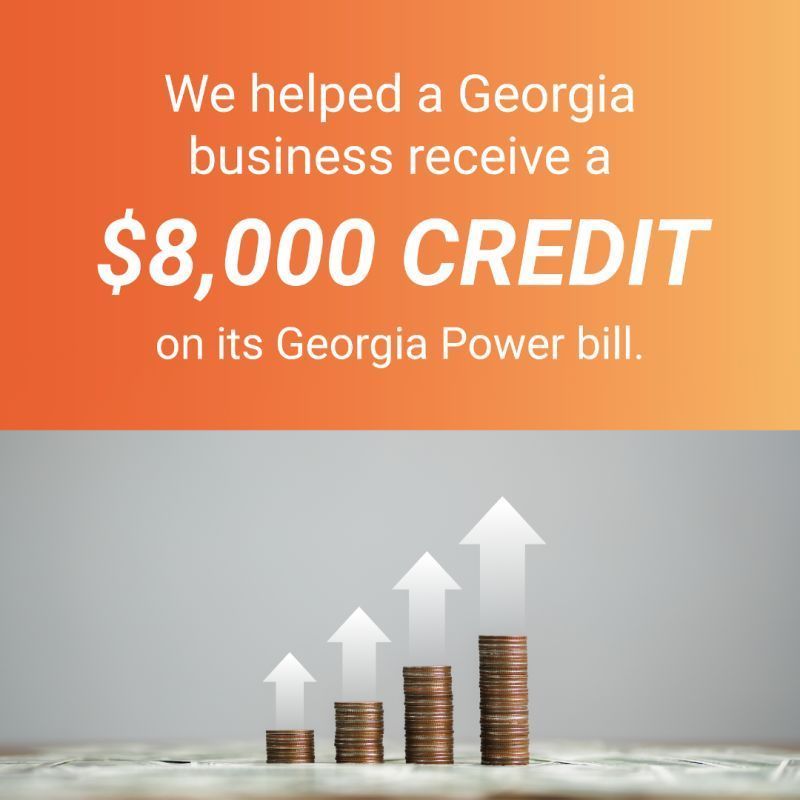 Orange ad with coins and rising arrows, saying a Georgia business received an $8,000 credit on its Georgia Power bill.