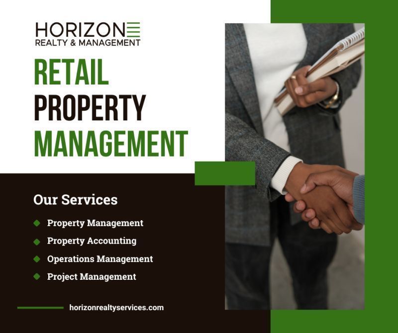 Retail property management ad with handshake, green and black text, and services list