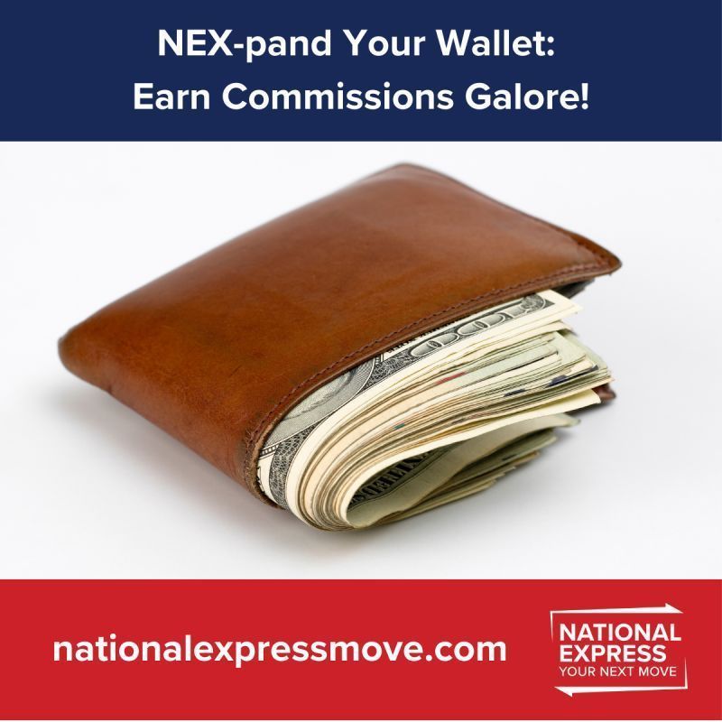 Brown wallet stuffed with cash, with text: “NEX-pand Your Wallet: Earn Commissions Galore!”