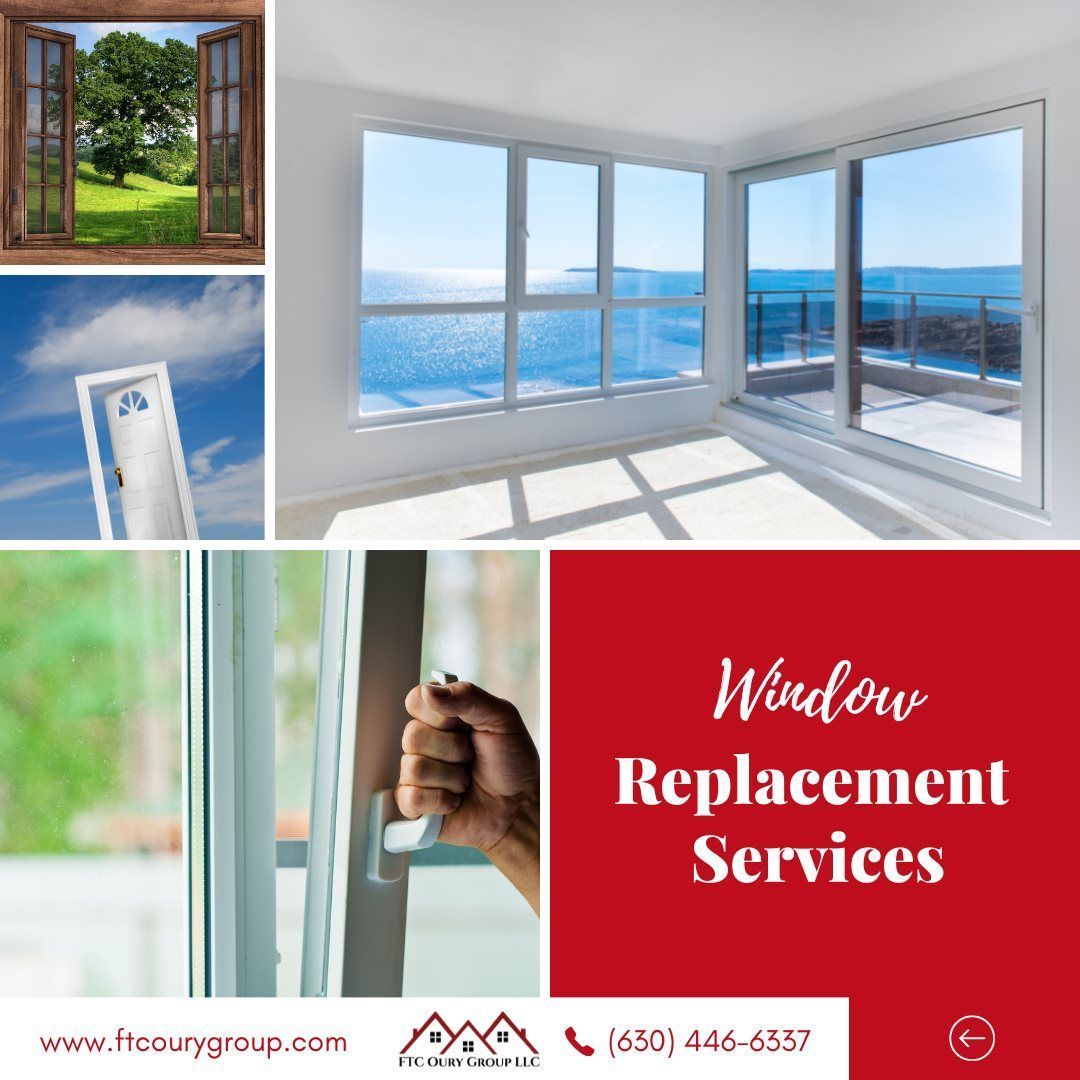 Window replacement services ad with bright home windows and hand holding a window handle.