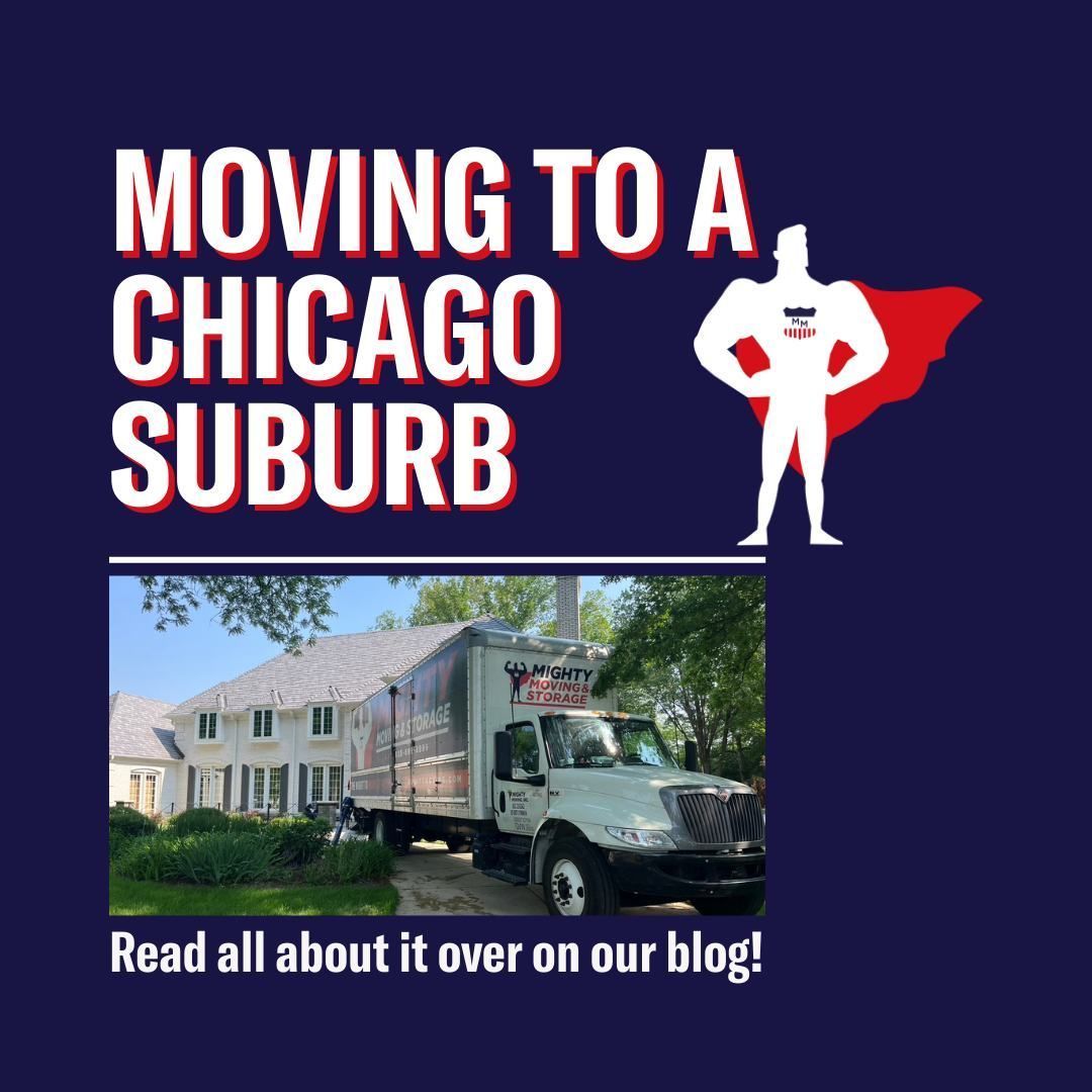 Moving truck parked by a suburban house with headline “Moving to a Chicago suburb” and blog promo text