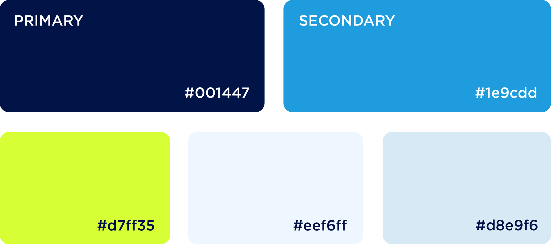 Color palette with primary navy, secondary blue, neon yellow-green, and pale blue swatches with hex codes.