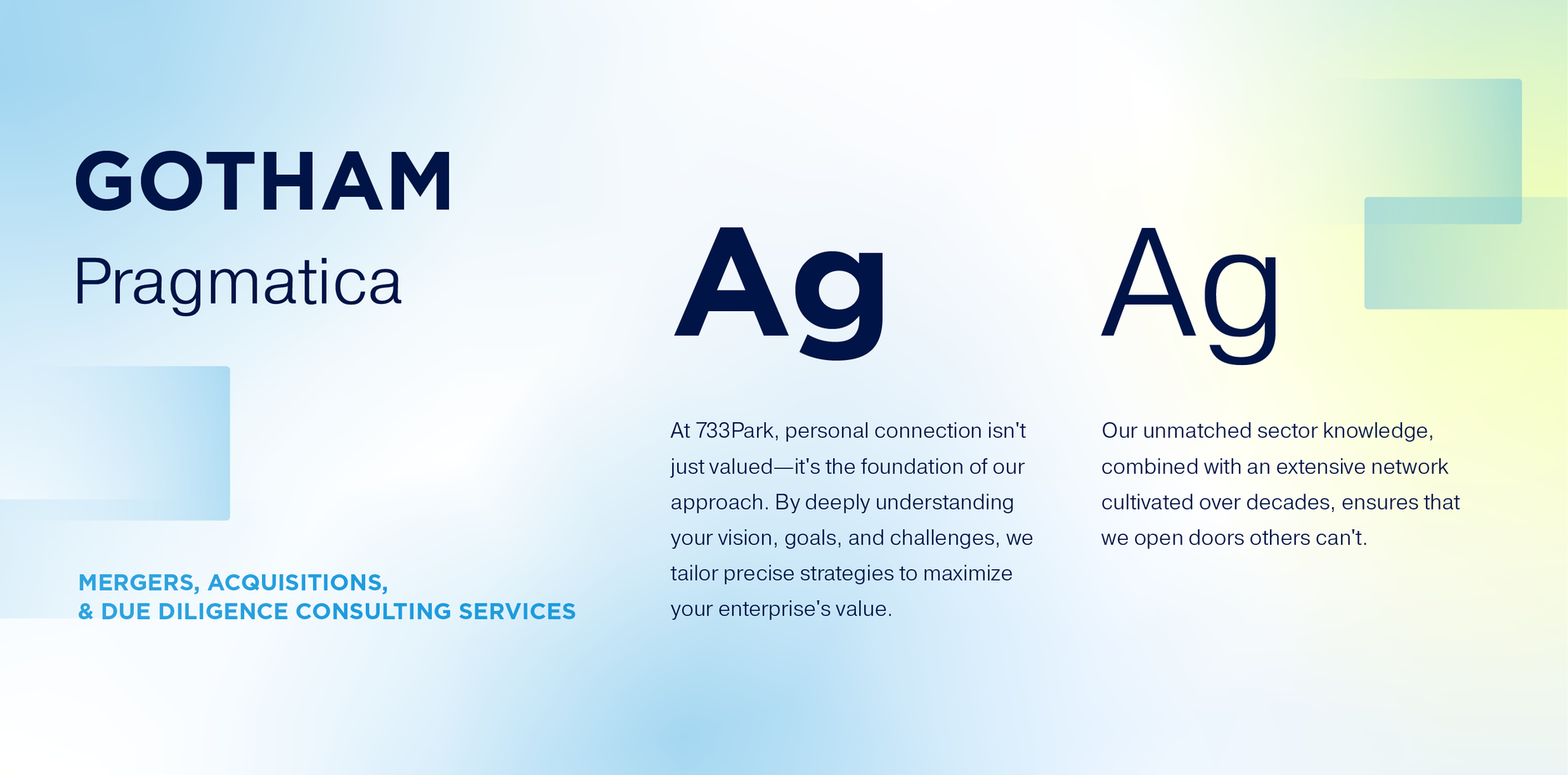 Graphic design for Gotham and Pragmatica typefaces, with “Ag” samples on a blue-green gradient background.