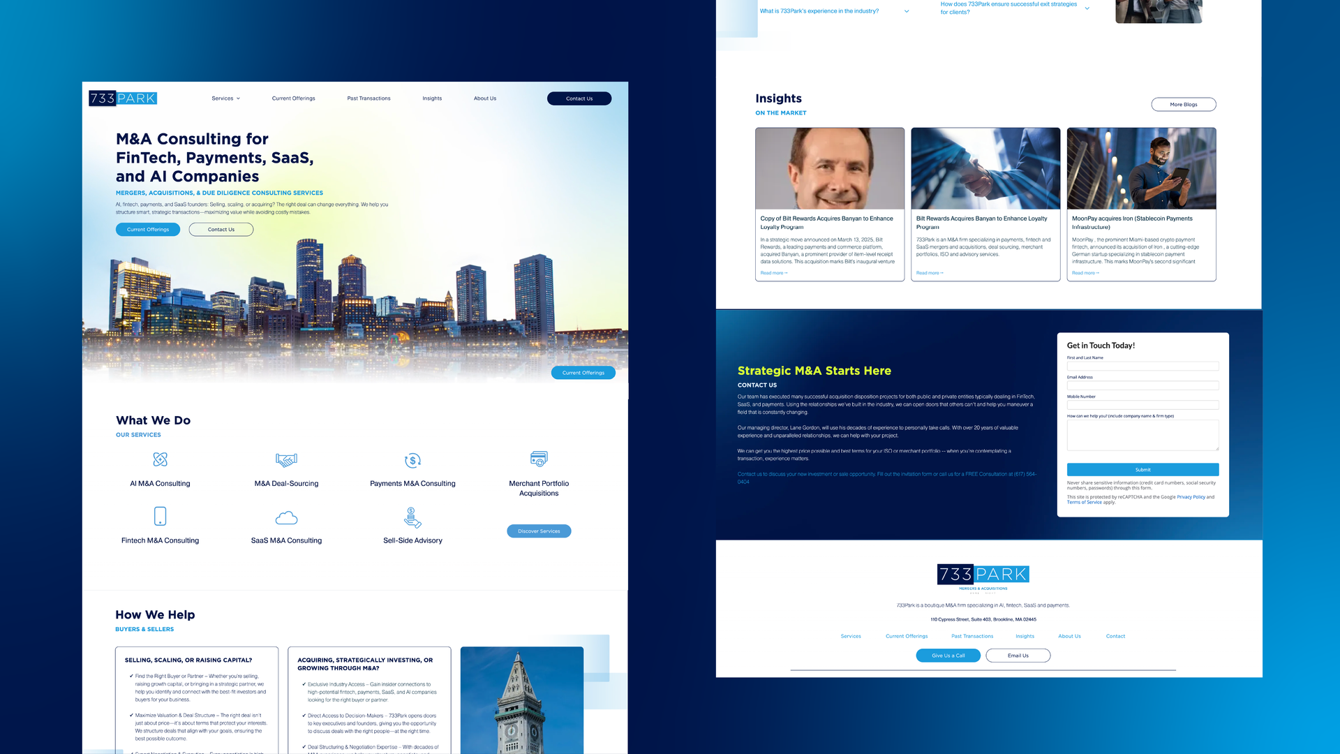 Blue real estate website mockup with city skyline hero and property listings panels