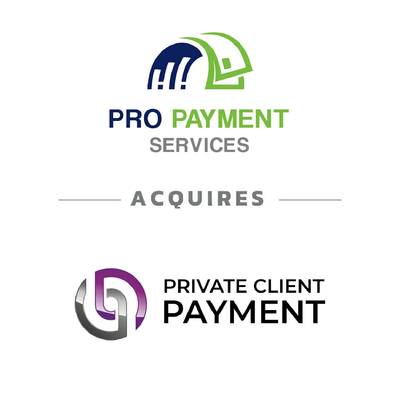 Logo for Pro Payment Services acquires Private Client Payment, with blue, green, and purple branding.