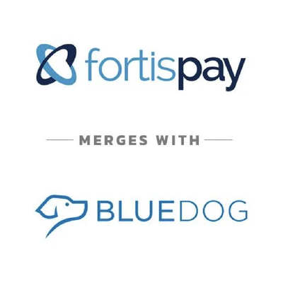 FortisPay logo merging with BlueDog logo, both in blue on white background