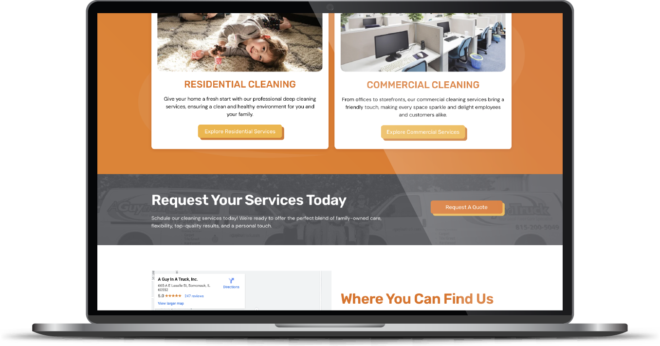 Laptop displaying a service website with orange and gray sections and a “Request Our Services Today” call to action