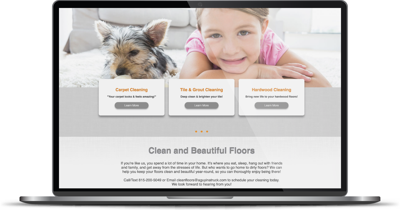 Laptop screen showing a pet grooming website with a cat, a smiling child, and service buttons