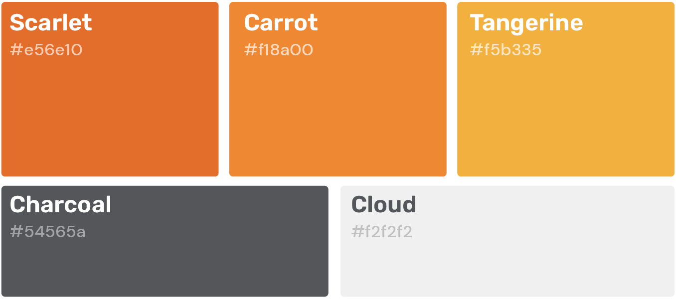 Color palette swatches labeled Scarlet, Carrot, Tangerine, Charcoal, and Cloud with hex codes