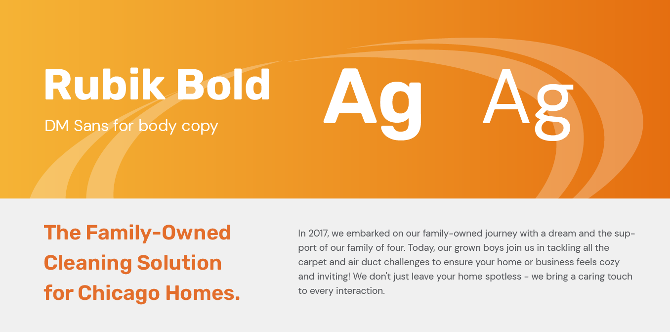 Orange ad for Rubik Bold font showing large “Ag” letters and the text “The Family-Owned Cleaning Solution for Chicagoland homes.”