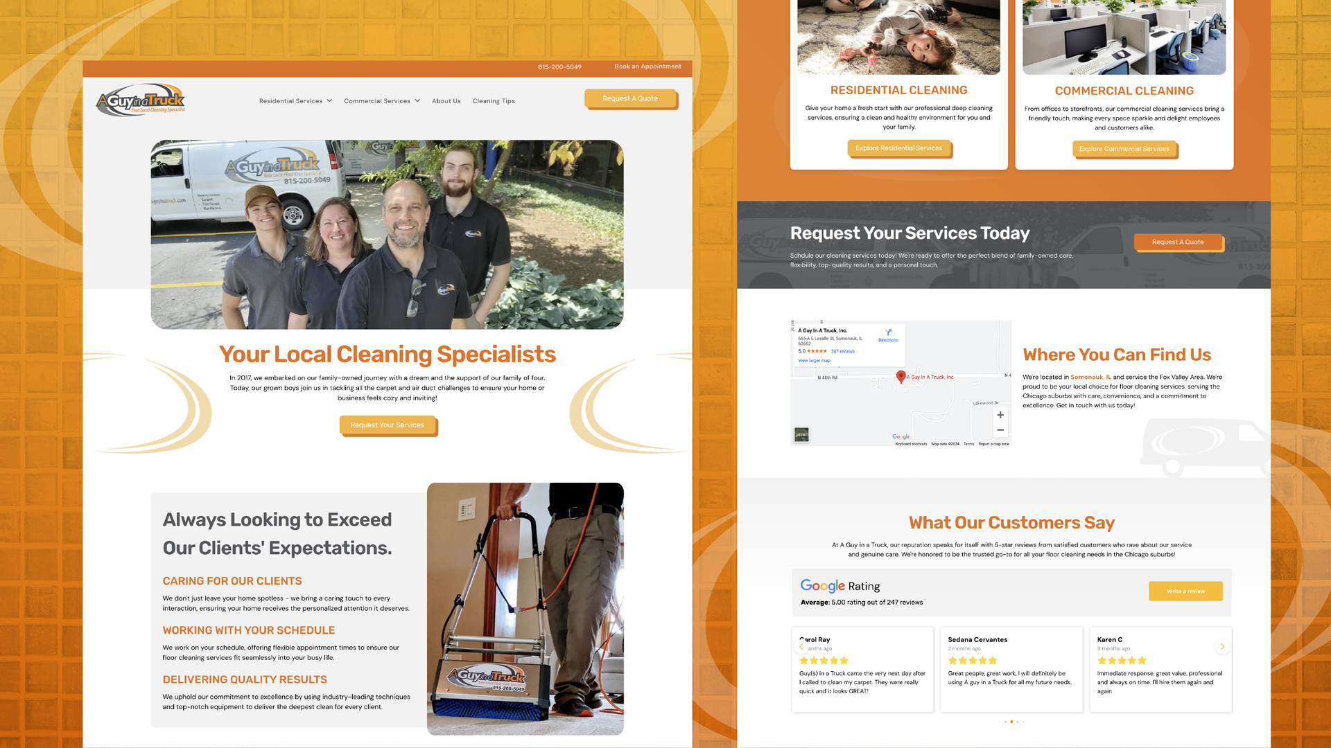 Website homepage mockup for a cleaning service, with orange accents and before-and-after photos