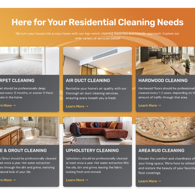 Cleaning service website banner with six service tiles and orange header saying “Here for Your Residential Cleaning Needs”