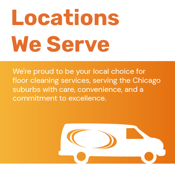 Orange flyer reading “Locations We Serve” with a white service van and Chicago suburbs text.