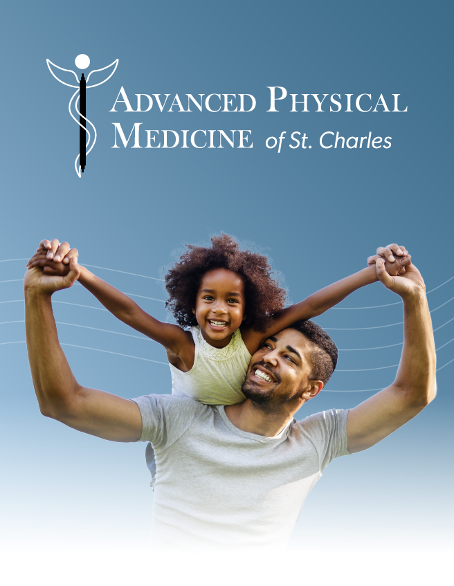 Advanced Physical Medicine of St. Charles logo with smiling father lifting child on shoulders against a blue sky
