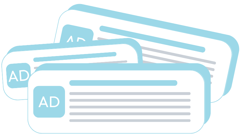 Stack of blue and white ad cards or banners with 