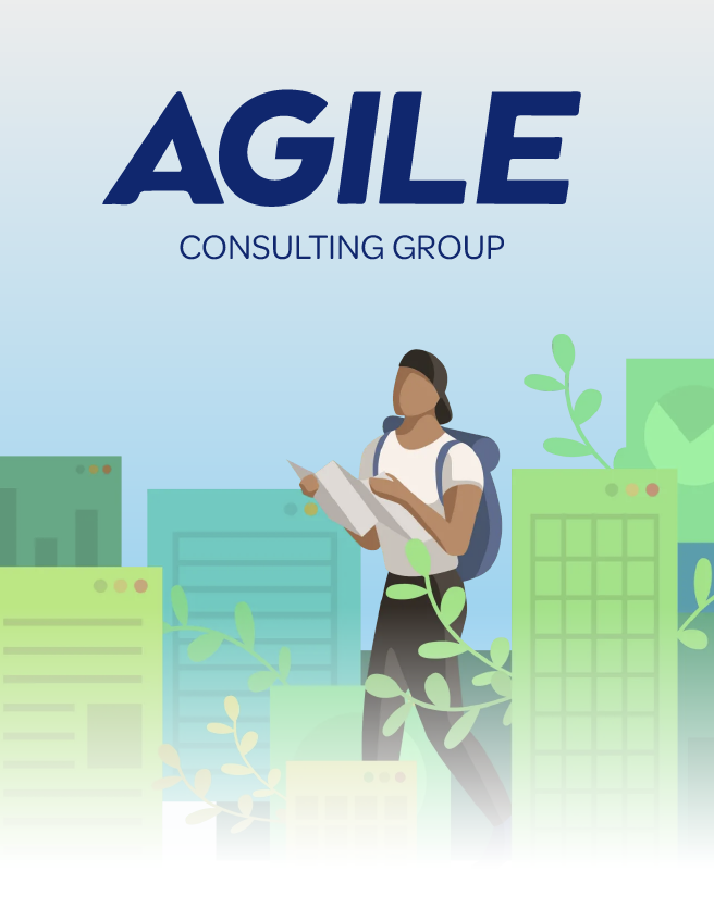 AGILE Consulting Group logo above an illustration of a person holding papers in a cityscape