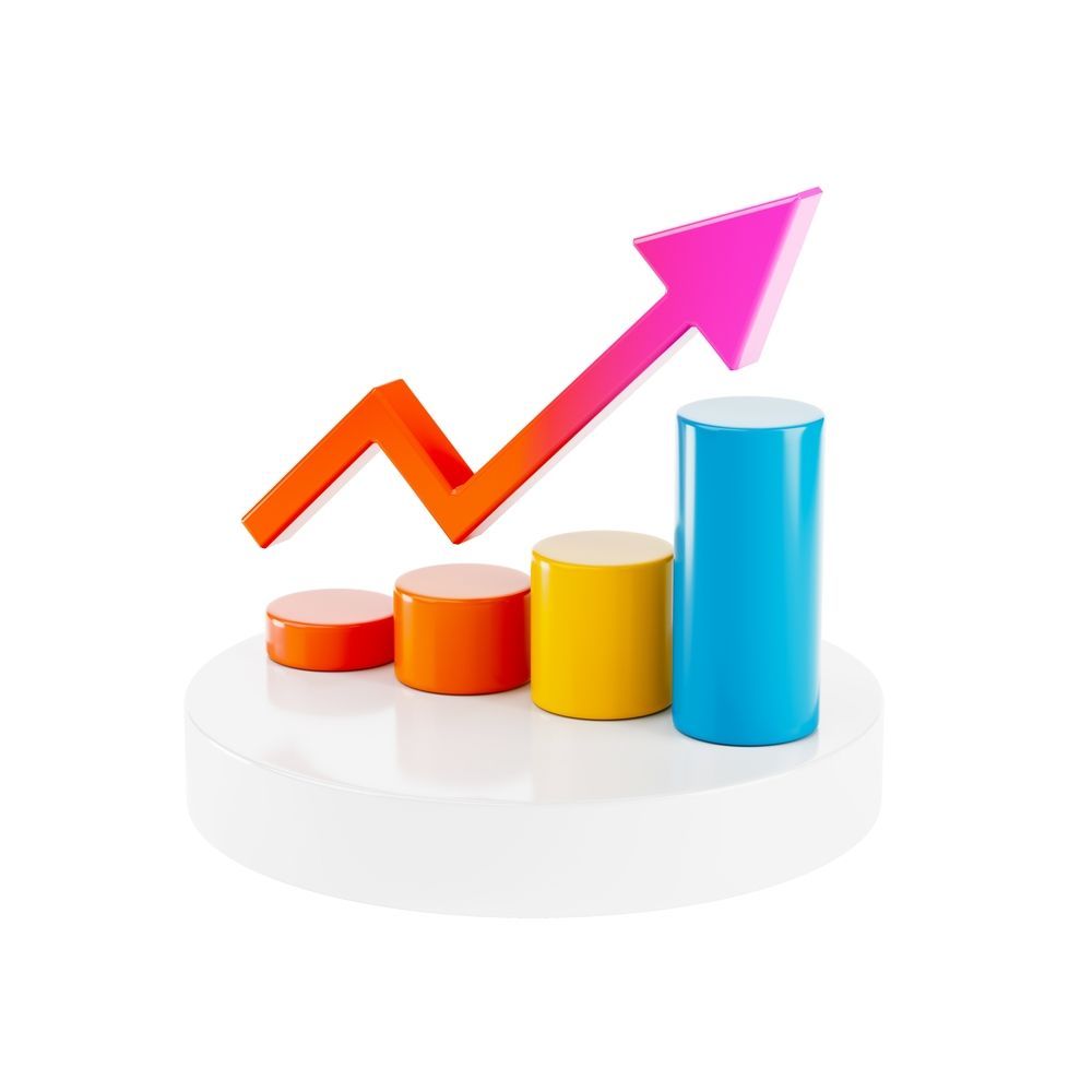 Colorful bar chart with rising pink arrow indicating growth