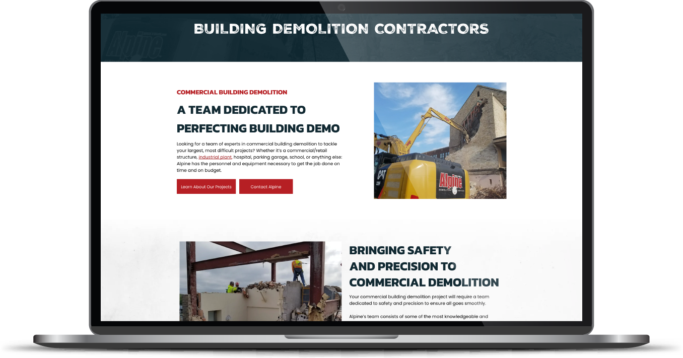 Laptop displaying a demolition contractor website with excavator and construction site photos