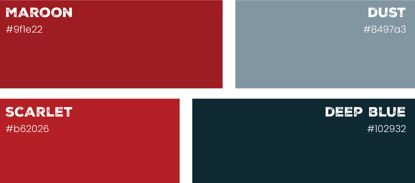 Four color swatches labeled maroon, dust, scarlet, and deep blue on a white background