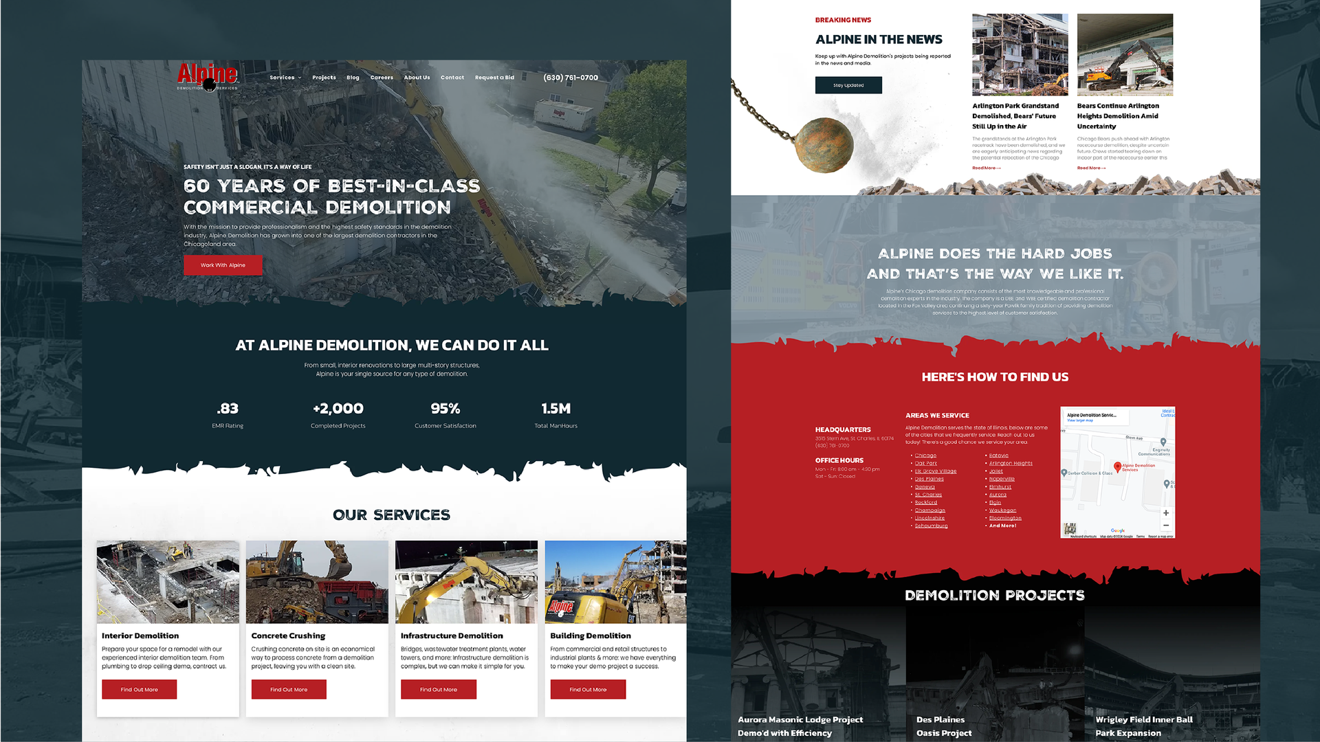 Two website mockups on dark and red backgrounds, showing homepage sections and photo cards