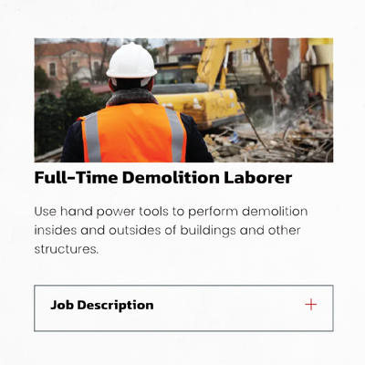 Construction worker in hard hat at demolition site with text “Full-Time Demolition Laborer” and job description box