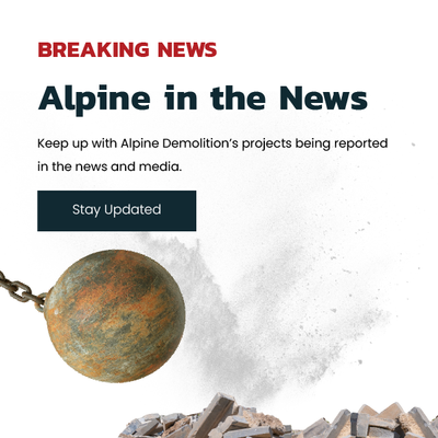 Breaking News: Alpine in the News with a “Stay Updated” button and demolition debris graphic