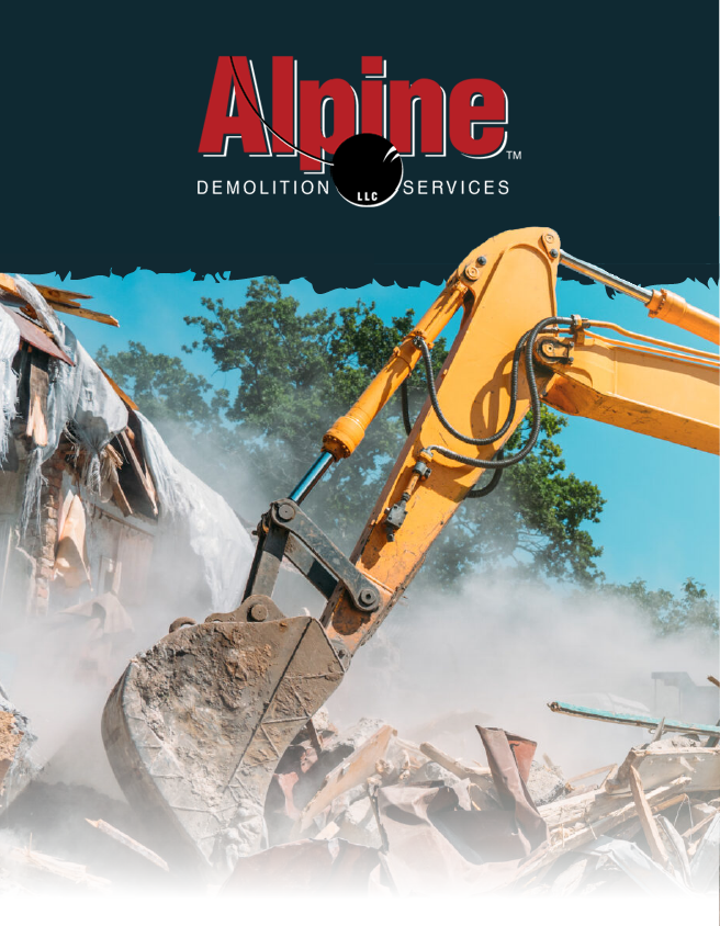 Alpine Demolition Services excavator crushing rubble amid dust and debris