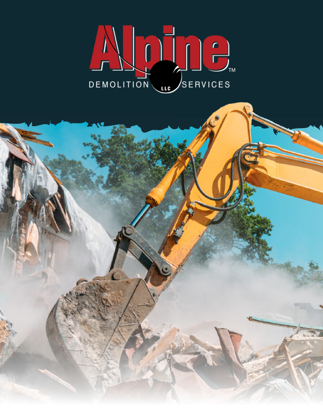 Yellow excavator demolishing rubble with dust, under Alpine Demolition Services logo