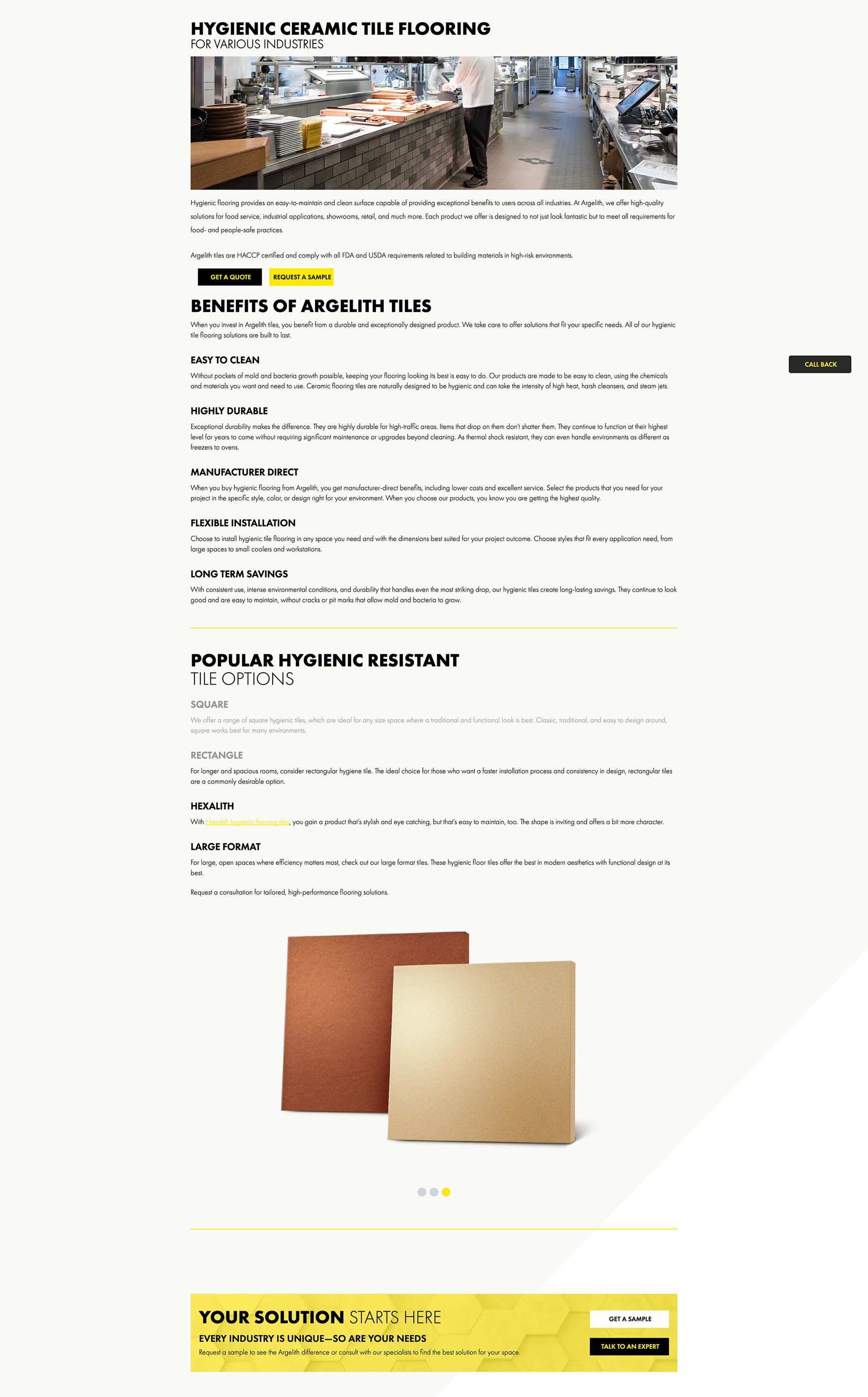 E-commerce product page showing beige and brown square leather swatches with product details and yellow buy button