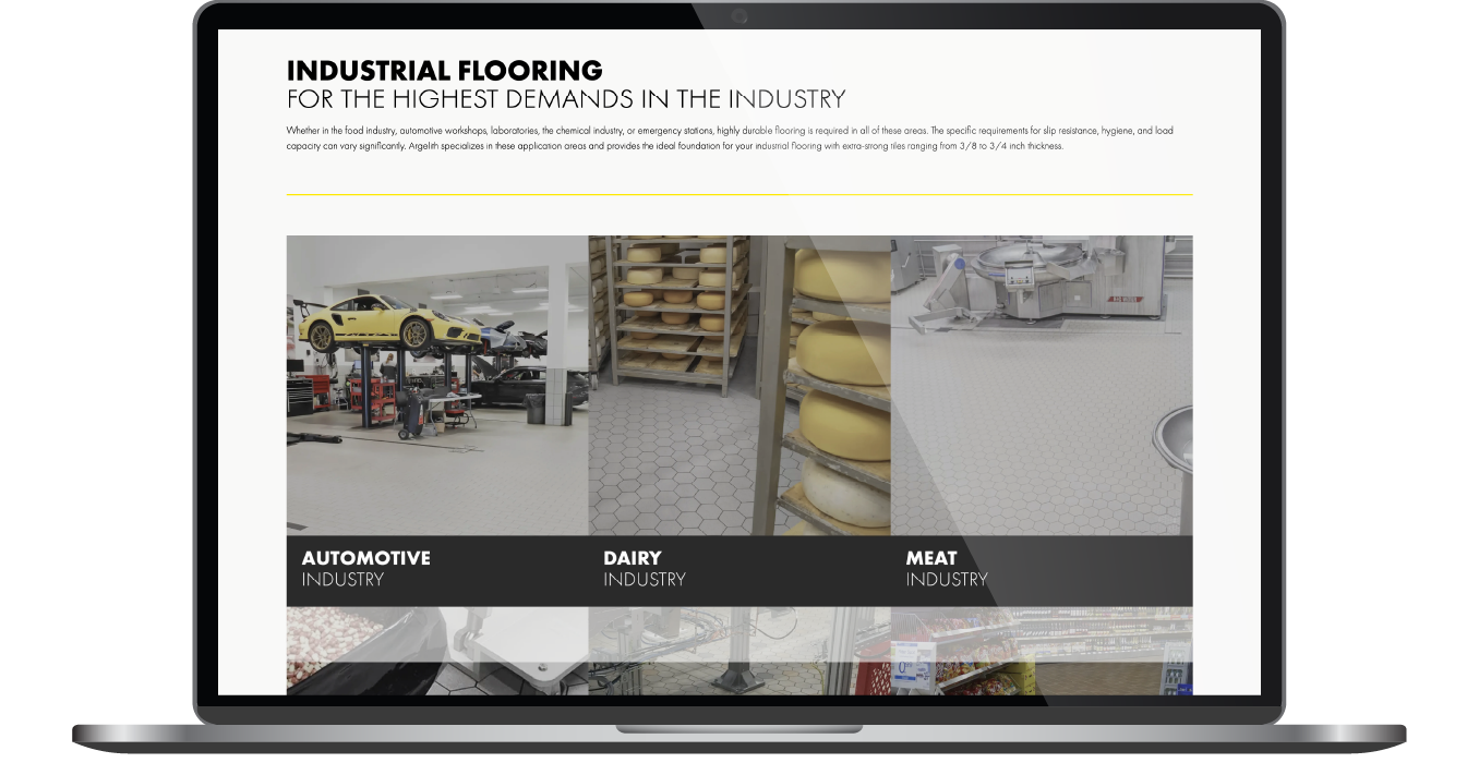 Laptop displaying an industrial flooring website with warehouse floor photos and bold black-and-white layout