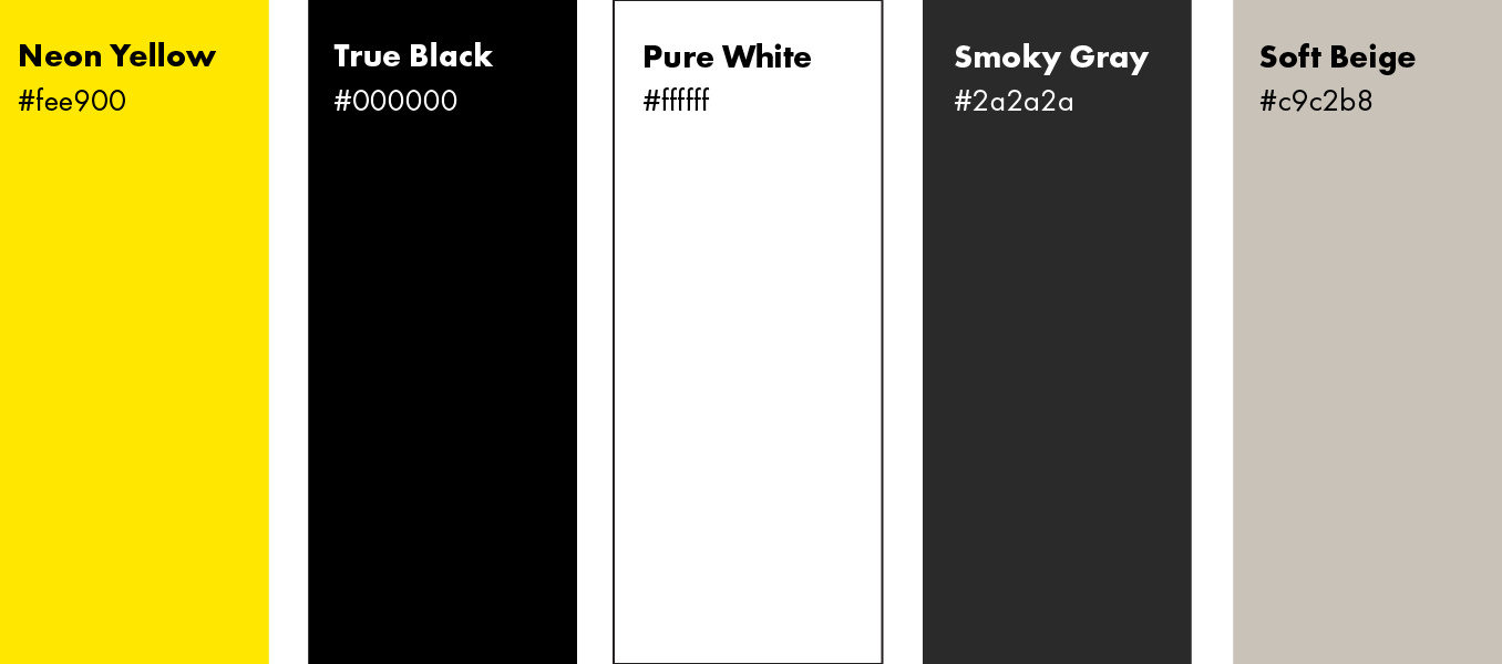 Five color swatches labeled Moon Yellow, True Black, Pure White, Smoky Gray, and Soft Beige