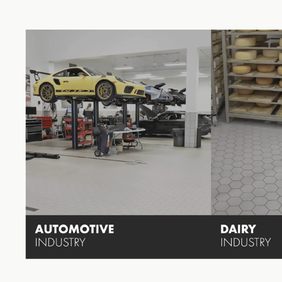 Automotive and dairy industry split image with a yellow race car in a garage and stacked bread-like products